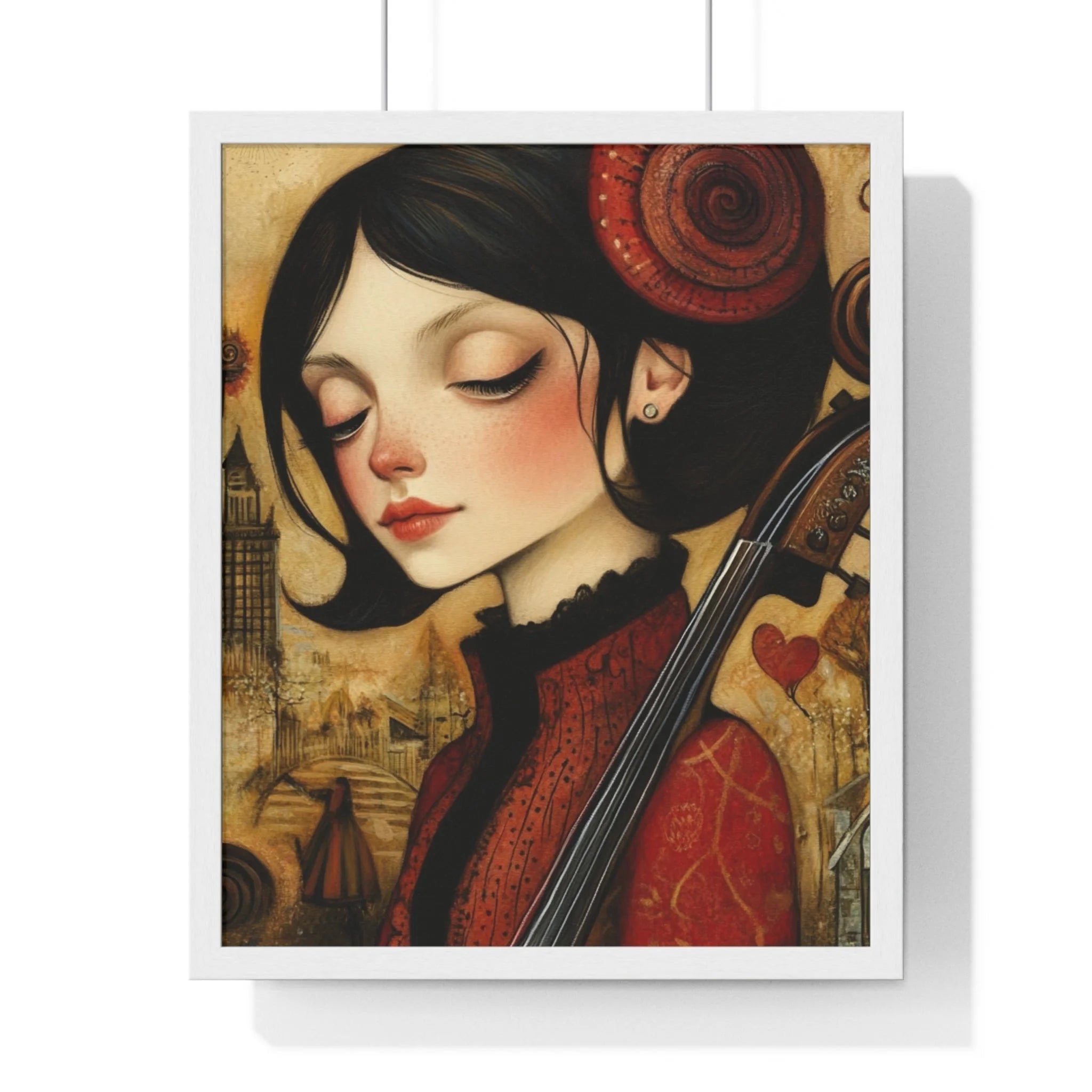 Buy The Best red floral-patterned dress black hair By Artsulli x Color Printify - Dark Haired Woman Playing Instrument Framed Poster - 2025