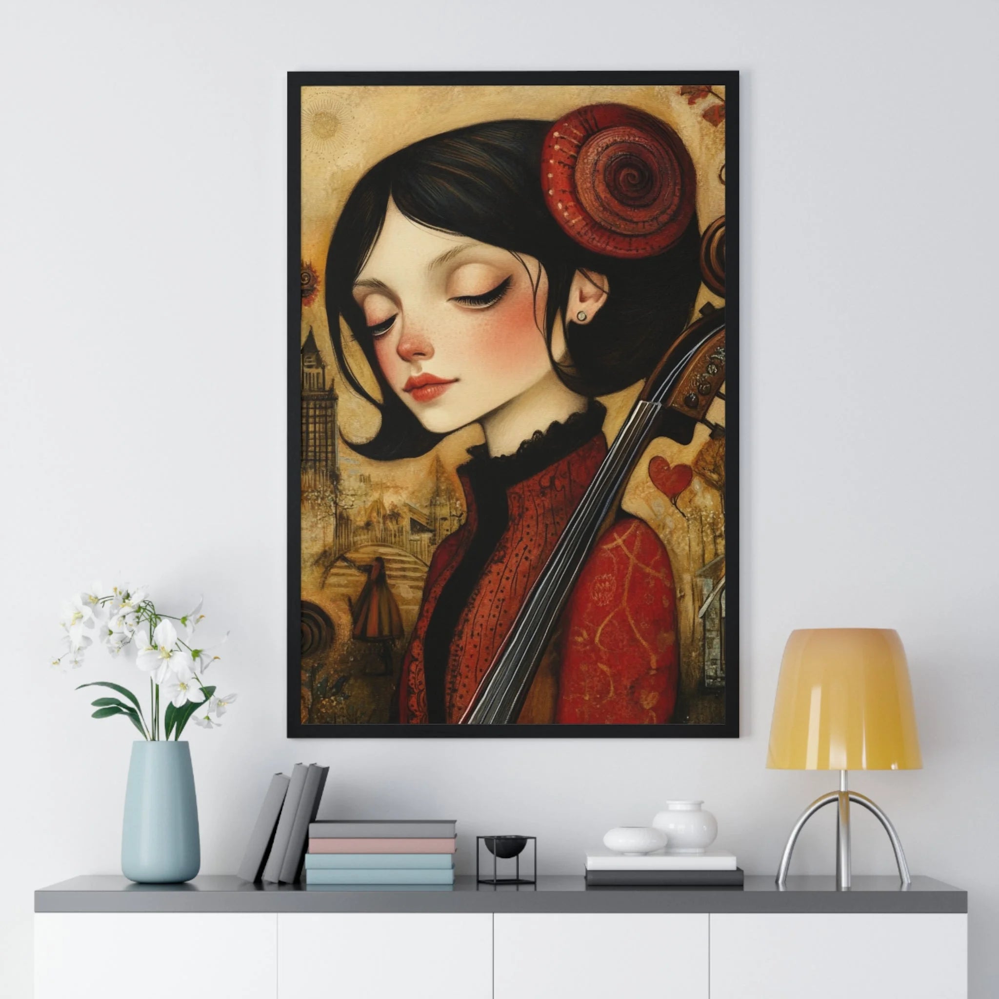 Buy The Best red black framed poster woman By Artsulli x Color Printify - Dark Haired Woman Playing Instrument Framed Poster - 2025