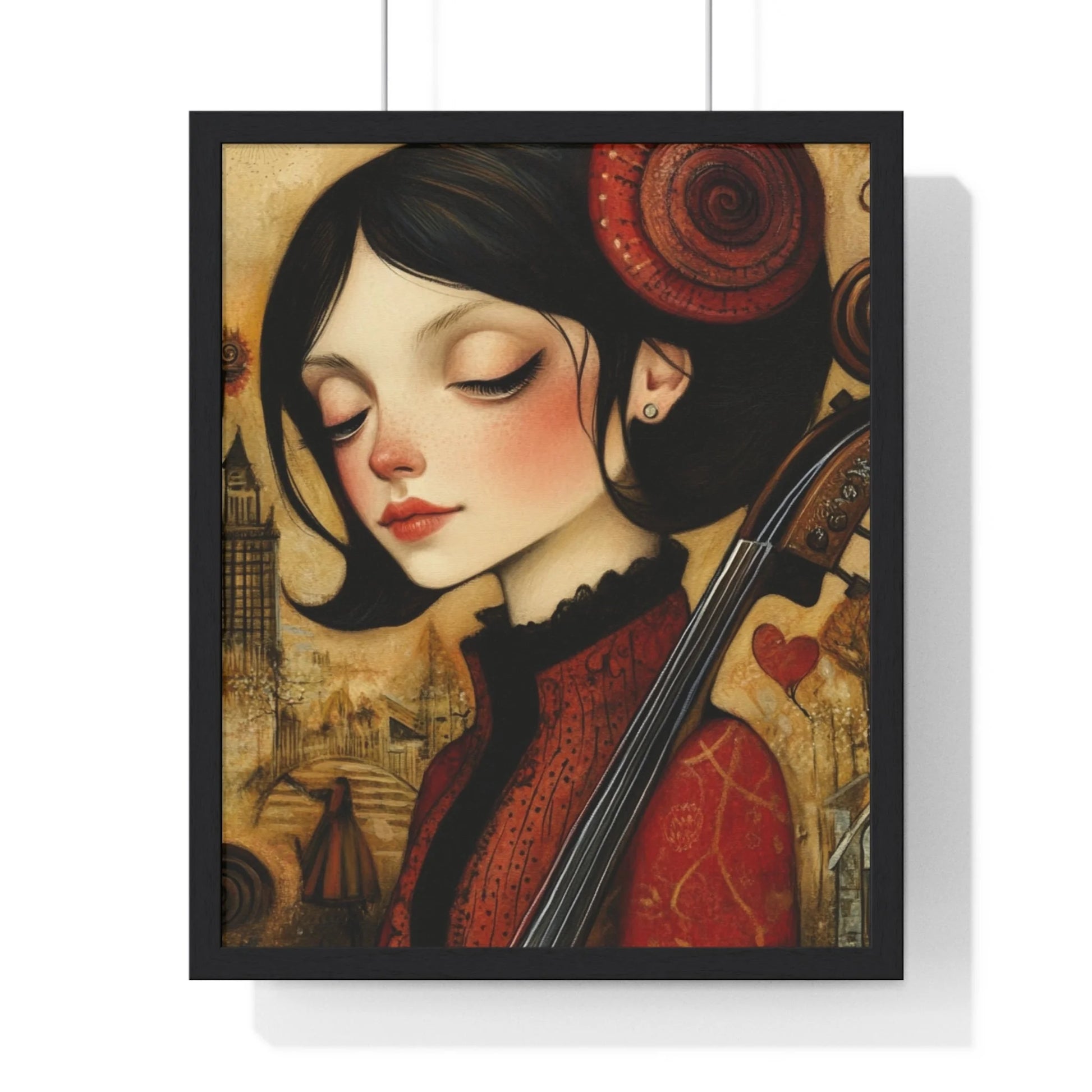 Buy The Best red floral patterned dress black By Artsulli x Color Printify - Dark Haired Woman Playing Instrument Framed Poster - 2025