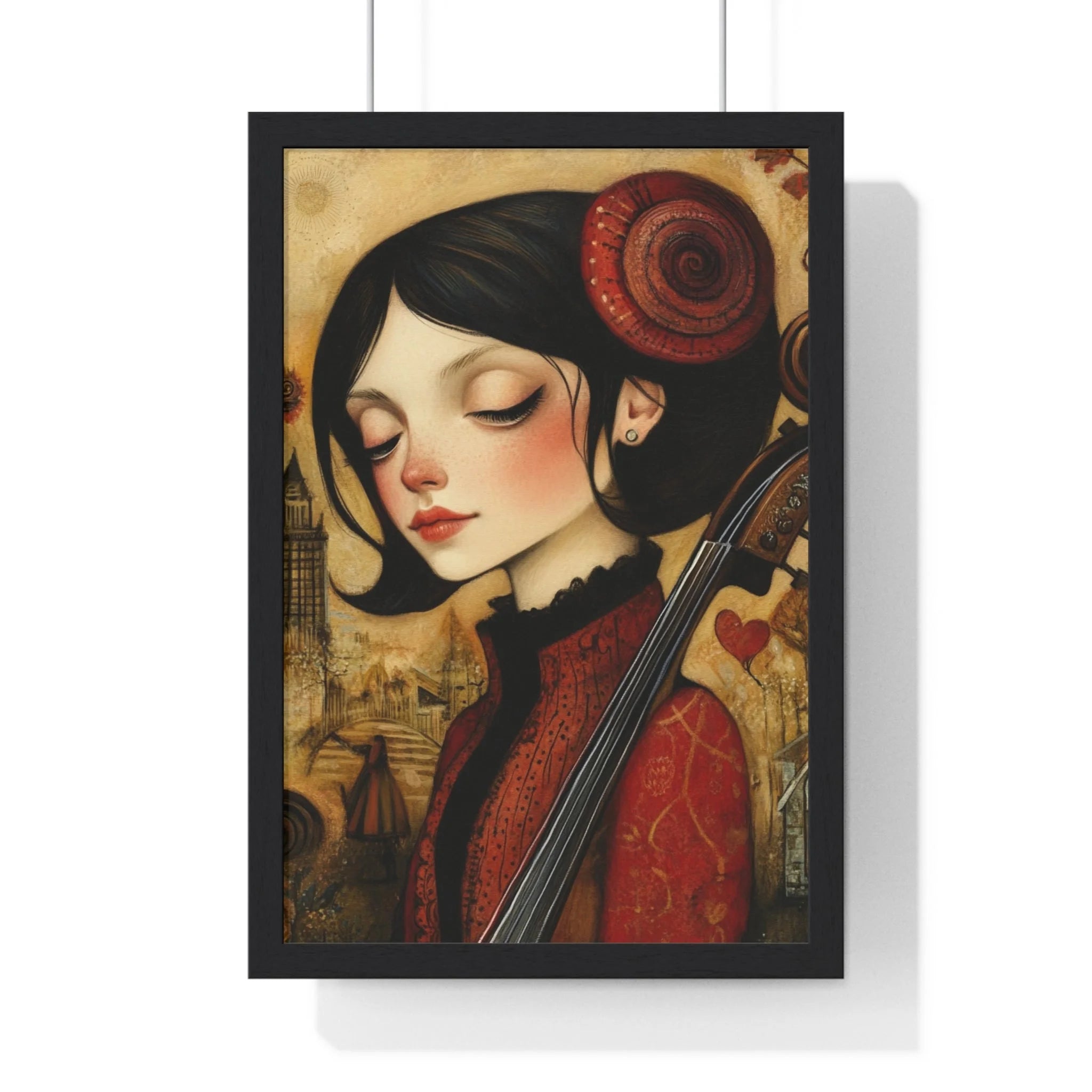 Buy The Best red black double bass intricate By Artsulli x Color Printify - Dark Haired Woman Playing Instrument Framed Poster - 2025