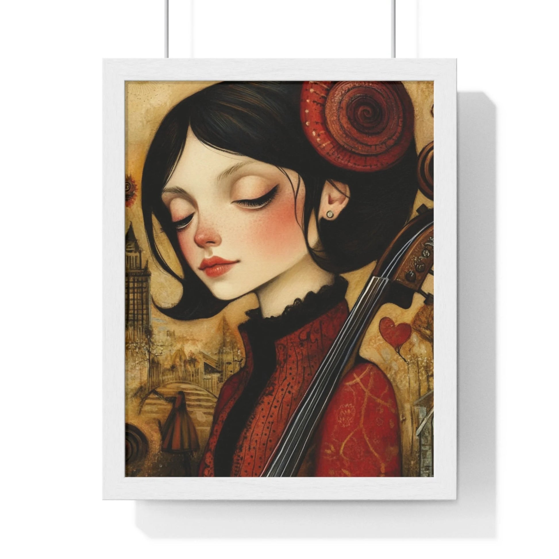Buy The Best red black double bass intricate By Artsulli x Color Printify - Dark Haired Woman Playing Instrument Framed Poster - 2025