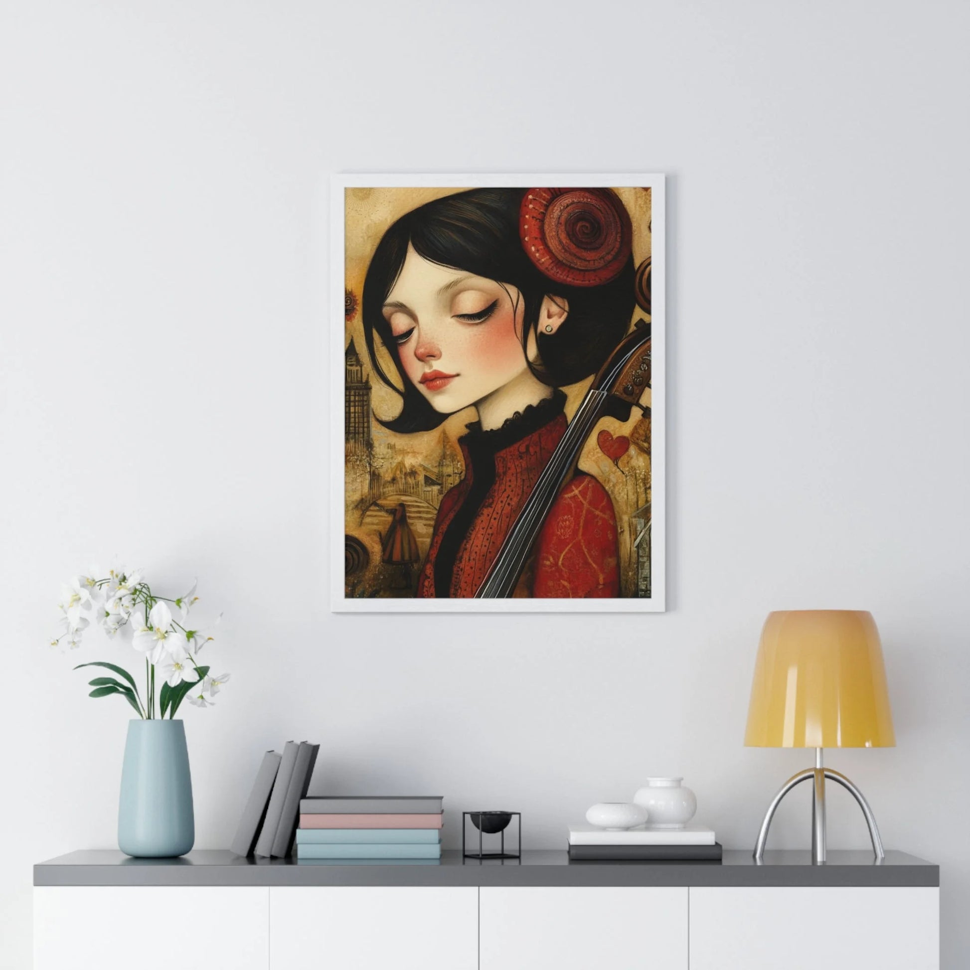 Buy The Best red black cello art print By Artsulli x Color Printify - Dark Haired Woman Playing Instrument Framed Poster - 2025