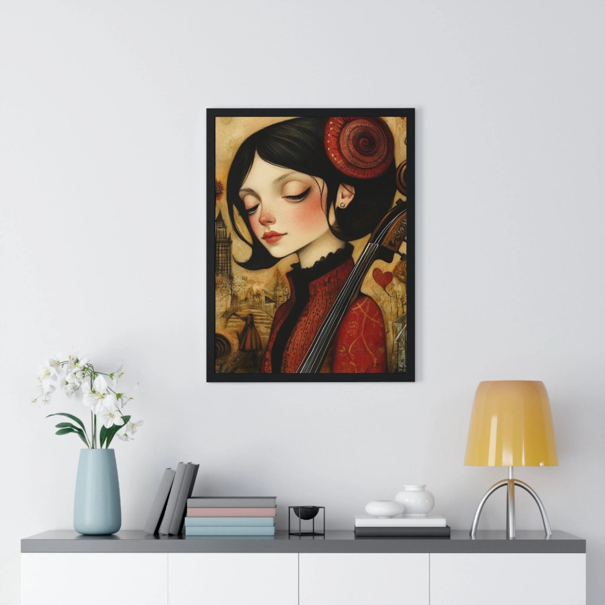 Buy The Best red black framed artwork woman By Artsulli x Color Printify - Dark Haired Woman Playing Instrument Framed Poster - 2025