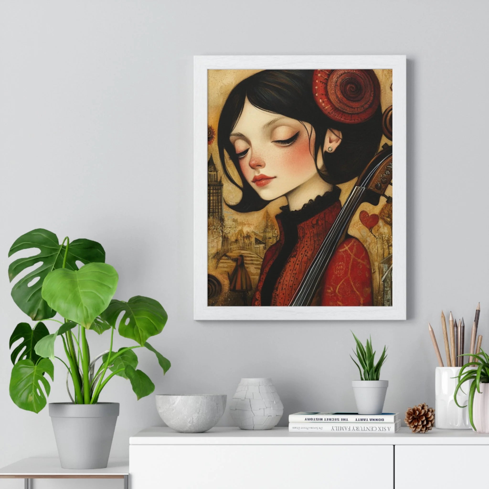 Buy The Best red black framed artwork woman By Artsulli x Color Printify - Dark Haired Woman Playing Instrument Framed Poster - 2025