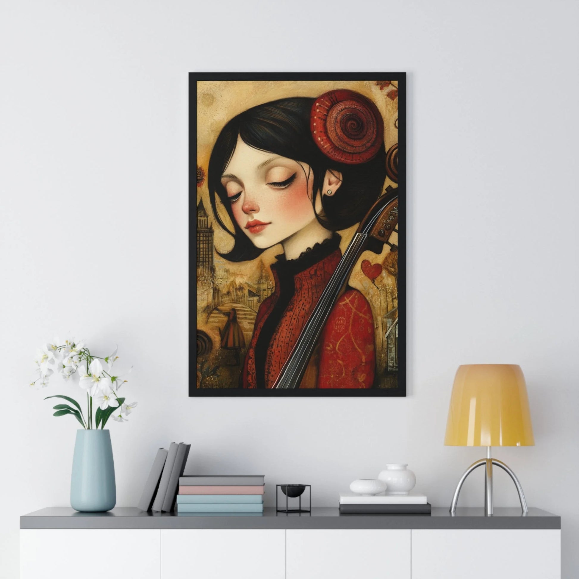Buy The Best red black framed artwork woman By Artsulli x Color Printify - Dark Haired Woman Playing Instrument Framed Poster - 2025