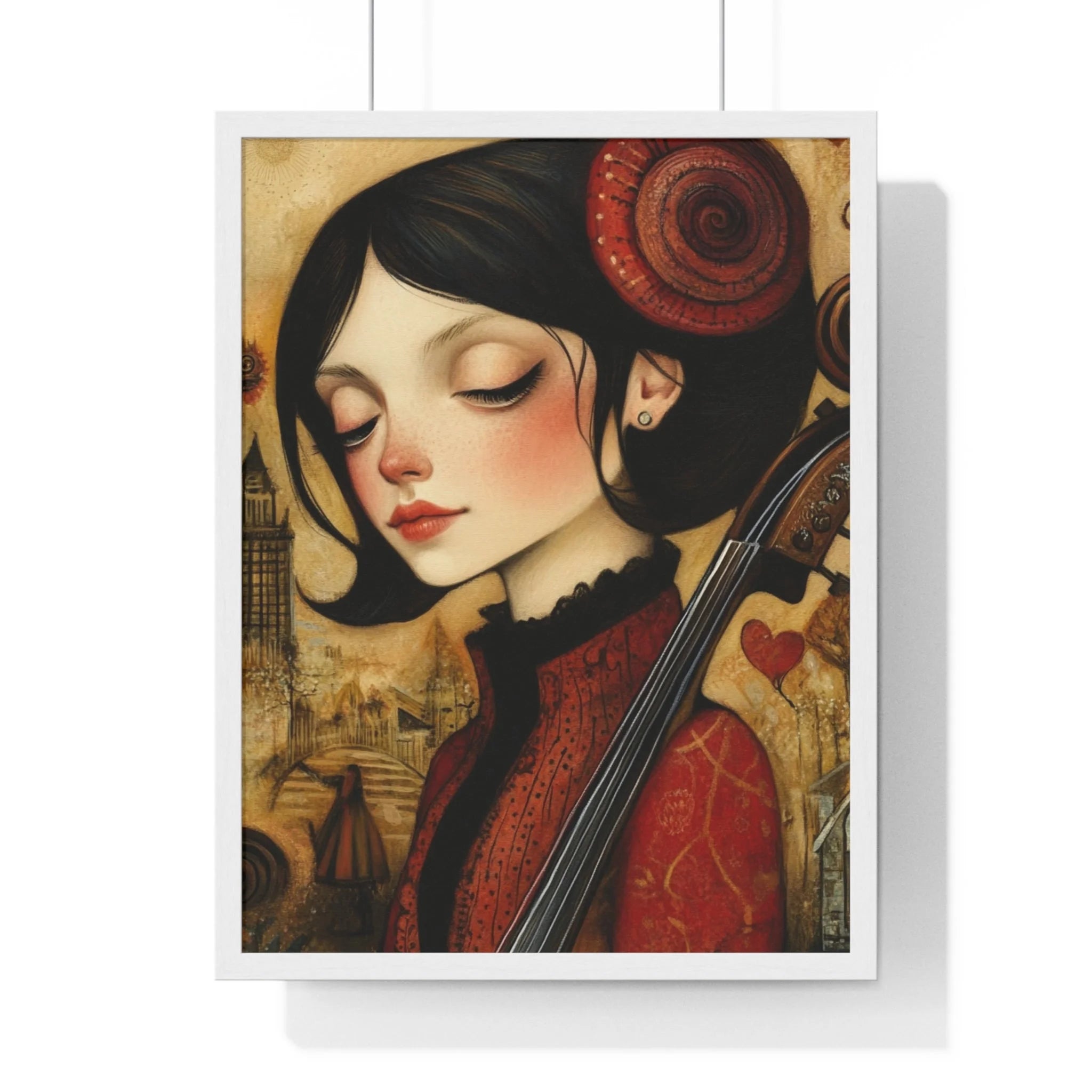 Buy The Best red black cello intricate design By Artsulli x Color Printify - Dark Haired Woman Playing Instrument Framed Poster - 2025