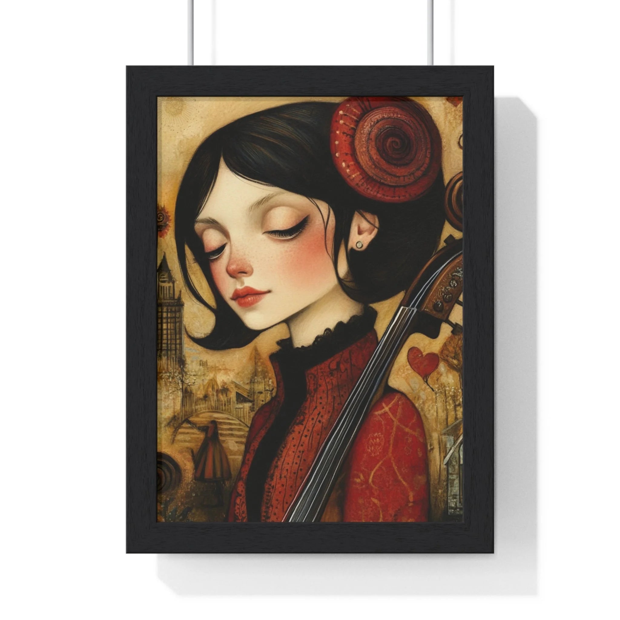 Buy The Best red black framed poster woman By Artsulli x Color Printify - Dark Haired Woman Playing Instrument Framed Poster - 2025