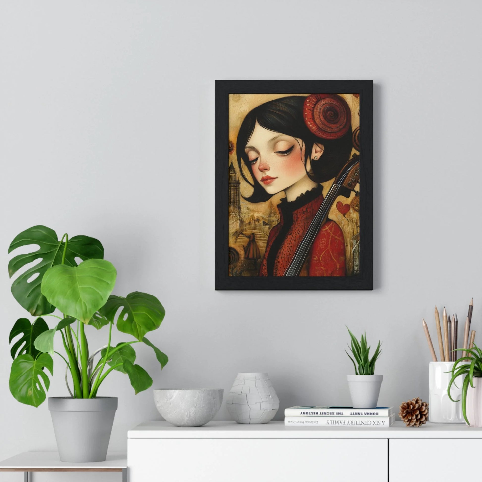 Buy The Best red black framed artwork woman By Artsulli x Color Printify - Dark Haired Woman Playing Instrument Framed Poster - 2025