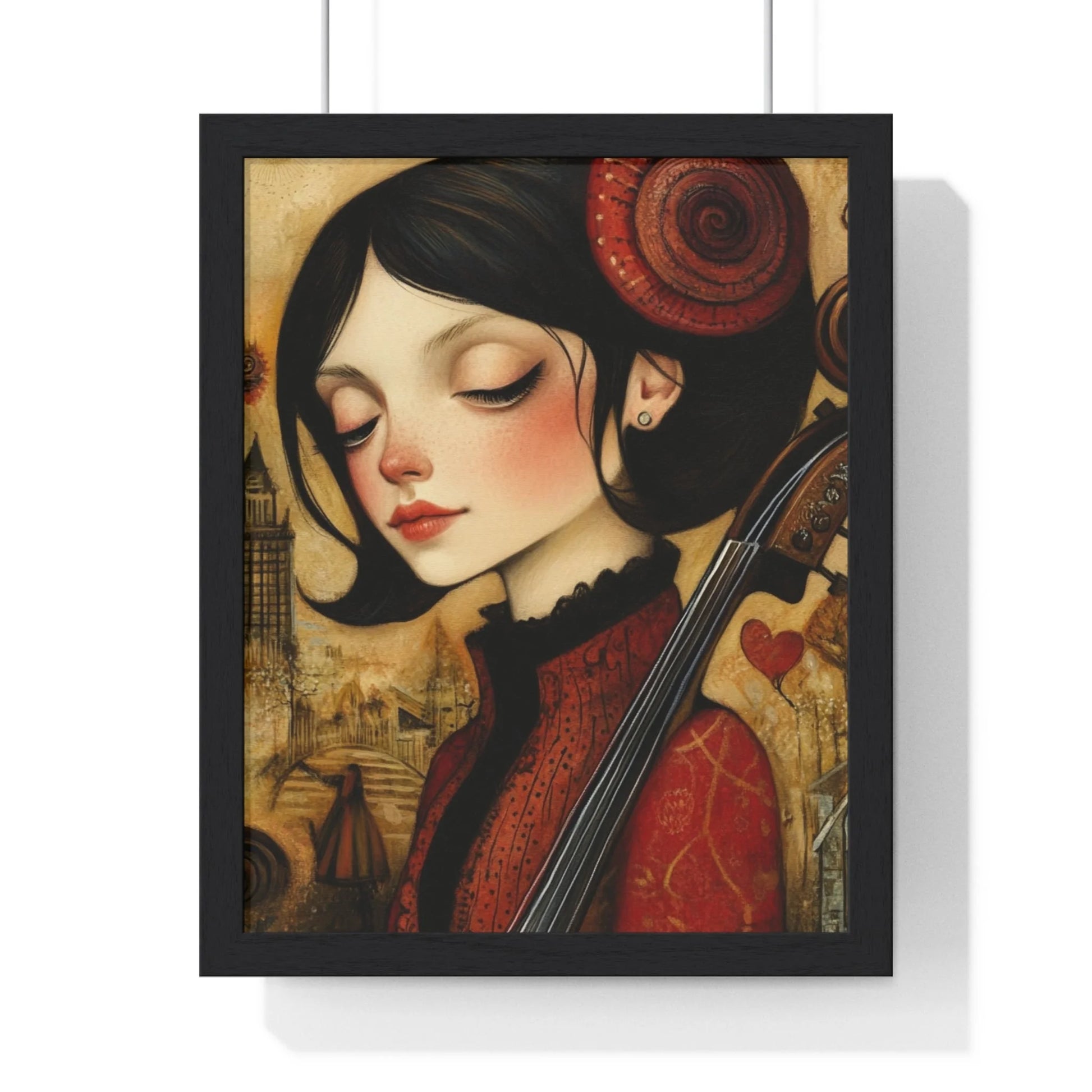 Buy The Best red floral-patterned dress black hair By Artsulli x Color Printify - Dark Haired Woman Playing Instrument Framed Poster - 2025