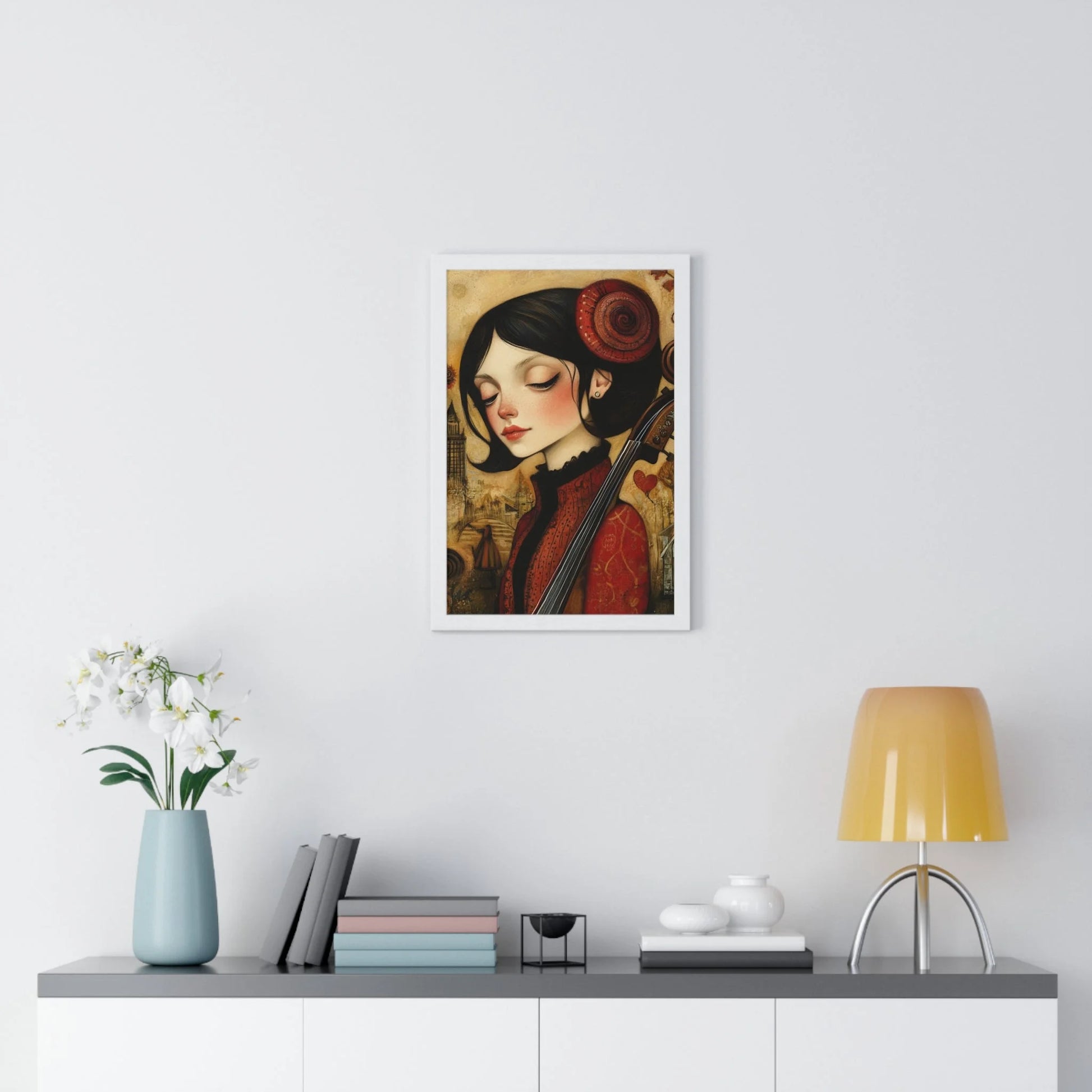 Buy The Best white framed art print woman By Artsulli x Color Printify - Dark Haired Woman Playing Instrument Framed Poster - 2025