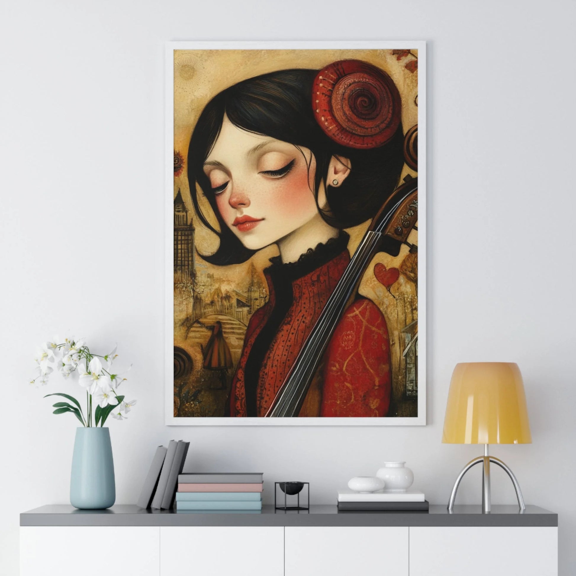 Buy The Best red black double bass intricate By Artsulli x Color Printify - Dark Haired Woman Playing Instrument Framed Poster - 2025
