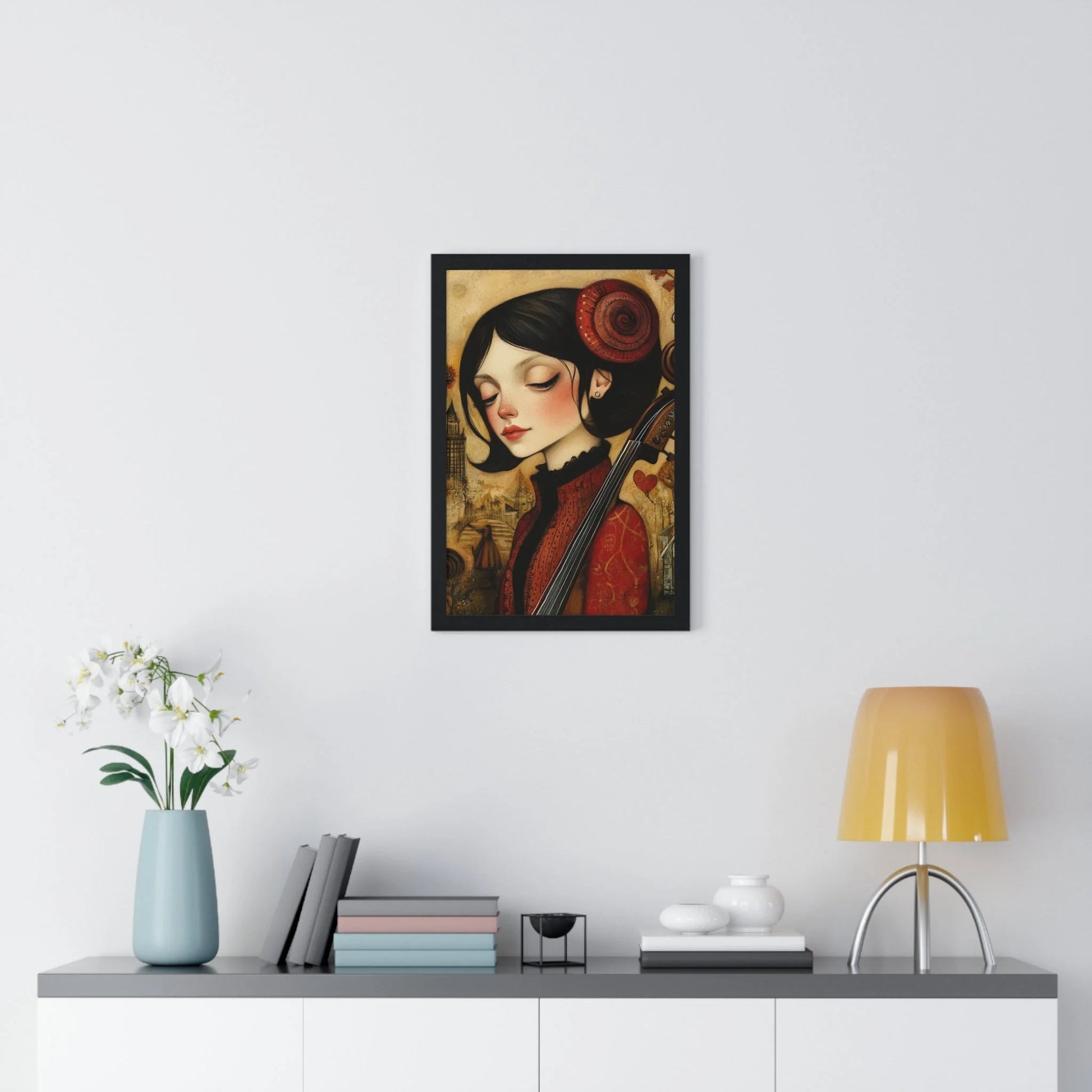 Buy The Best black framed artwork red gold By Artsulli x Color Printify - Dark Haired Woman Playing Instrument Framed Poster - 2025