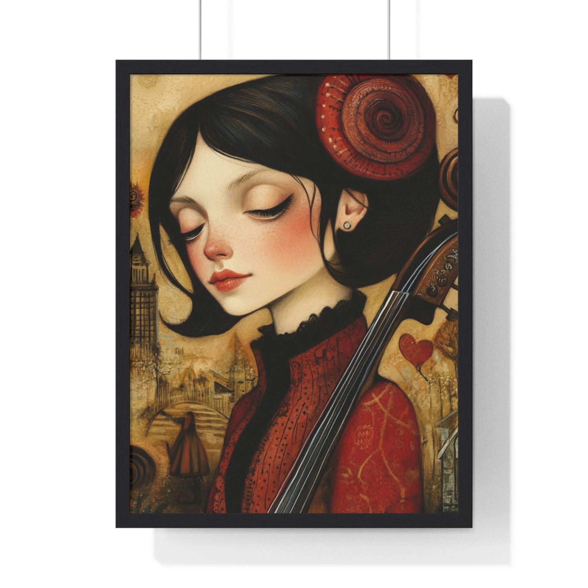 Buy The Best red black framed poster woman By Artsulli x Color Printify - Dark Haired Woman Playing Instrument Framed Poster - 2025