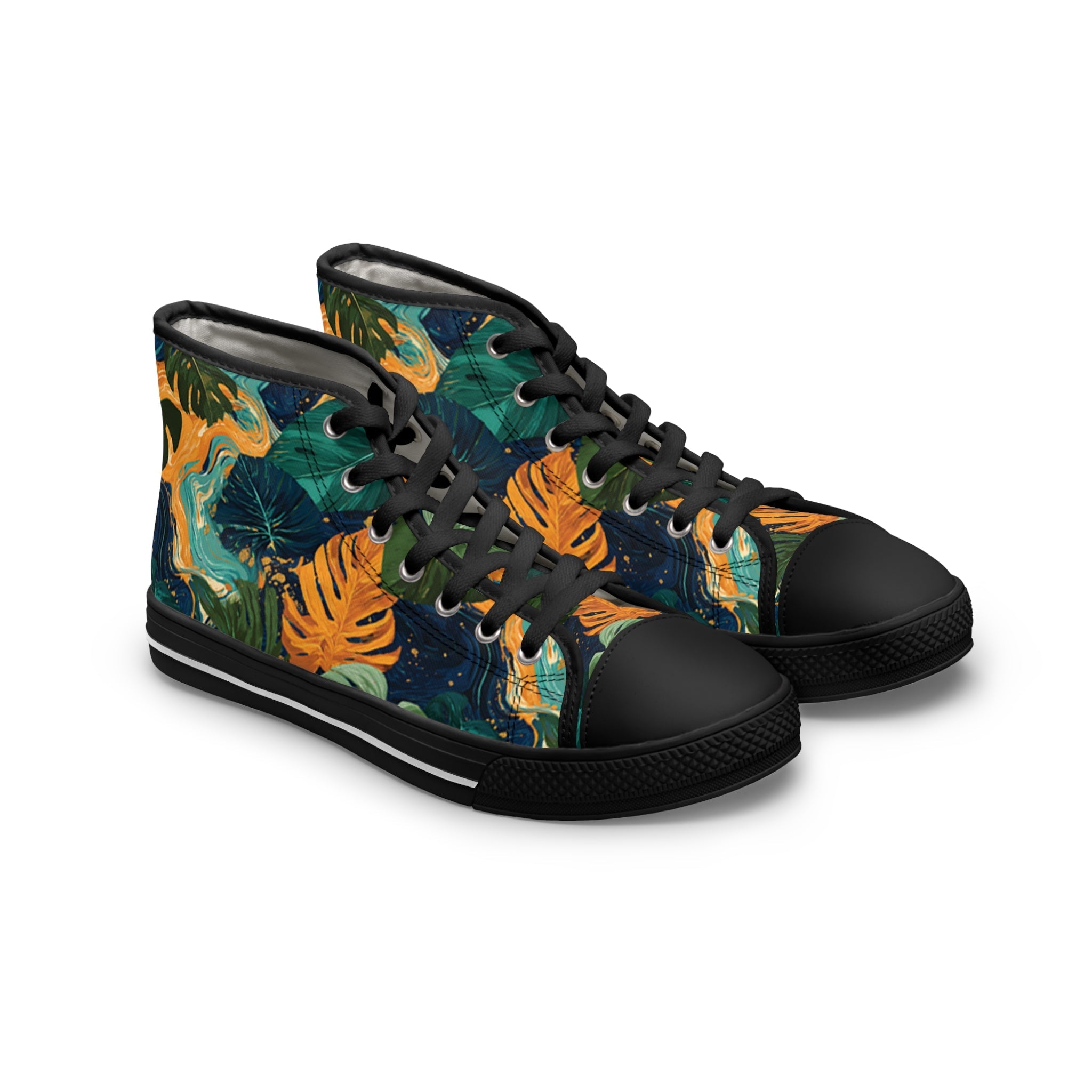 Dark Tropical Leaf High Top Sneakers, Artsulli - Art is Long, Life is Short, Shoes, Size, US 5.5, Color, Black sole, , , 33591029492861875515