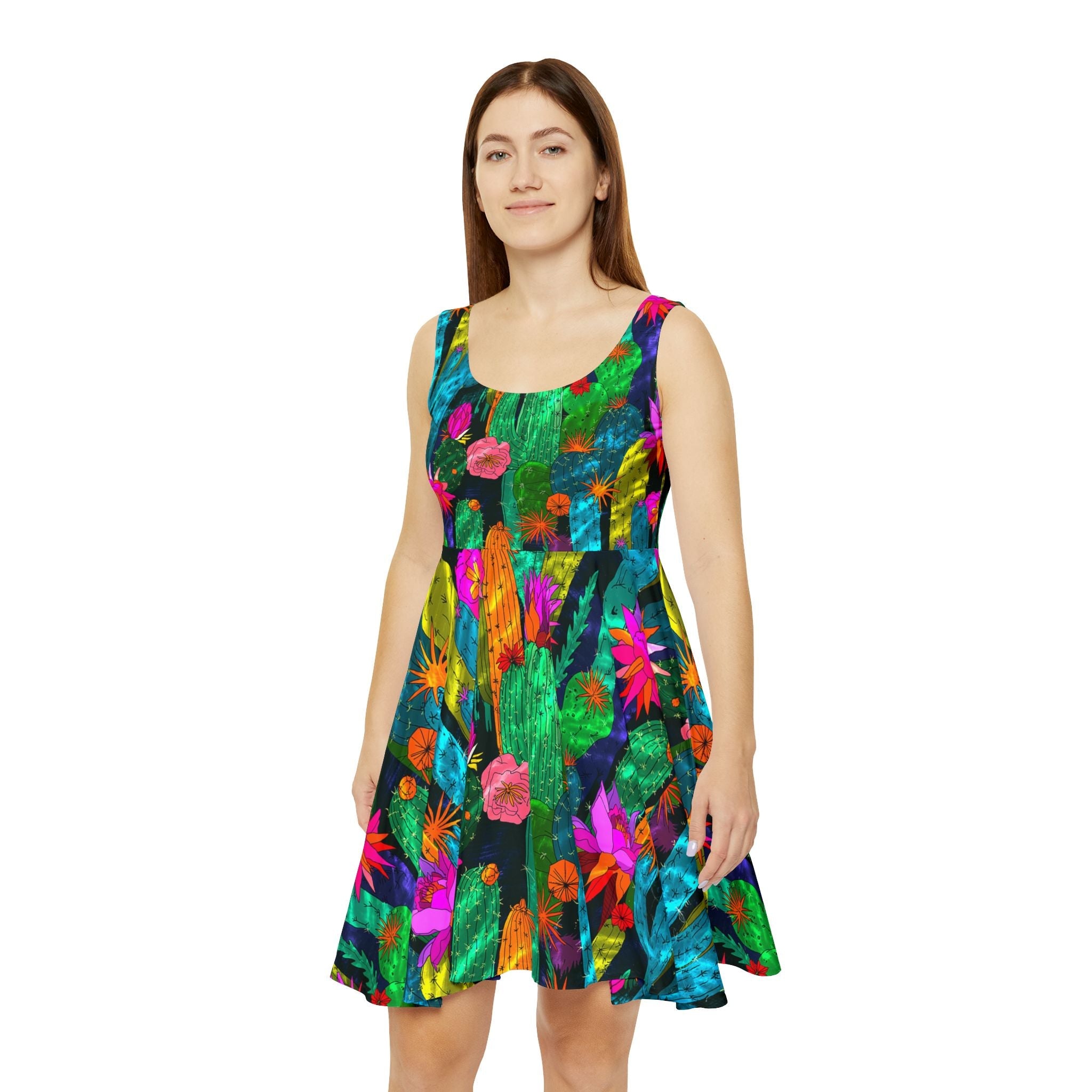 Desert Cactus Floral Skater Dress, Artsulli - Art is Long, Life is Short, All Over Prints, , , , , , , 