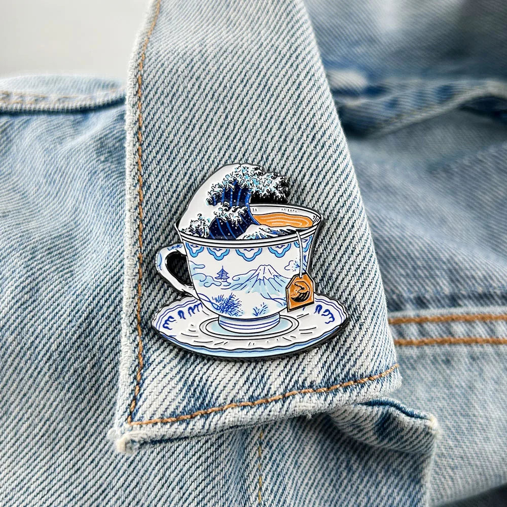 Great Wave Off Kanagawa Mount Fuji Tea Enamel Pin Storm In A Teacup Badge Art Jewelry Fans Lover Gift Collect