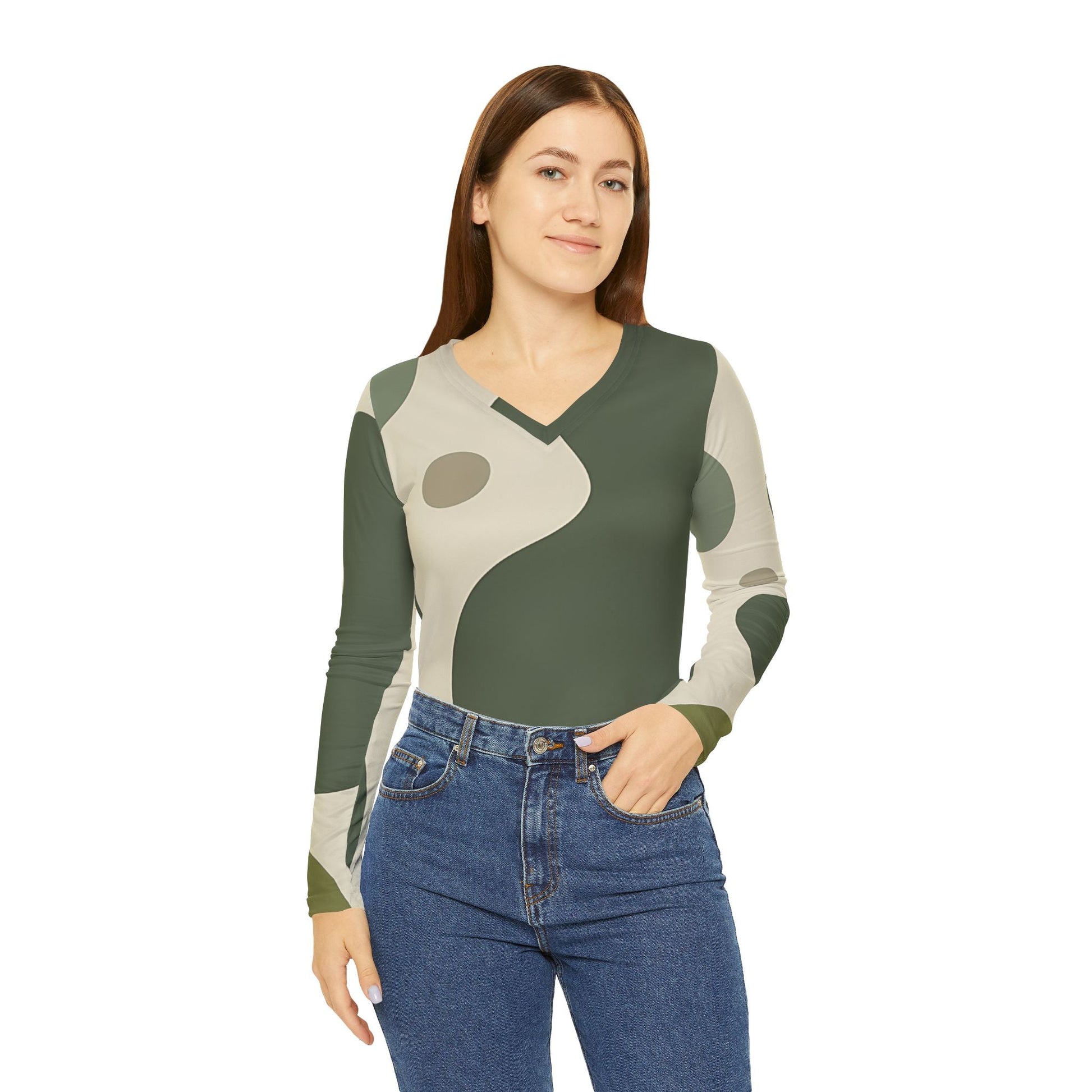 Earthy Abstract Long Sleeve V-Neck Top, Artsulli - Art is Long, Life is Short, All Over Prints, , , , , , , 