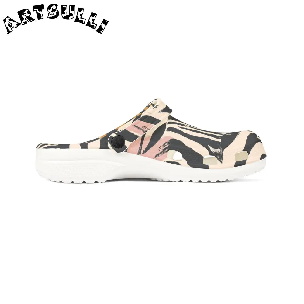 Eva Foam Zebra Print Clogs with Artistic Work in Pink Brown, Artsulli - Art is Long, Life is Short, Shoes, , , , , , , 
