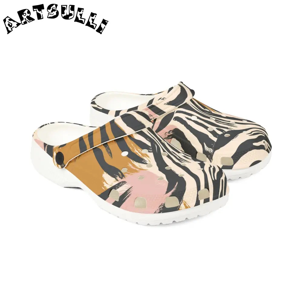 Eva Foam Zebra Print Clogs with Artistic Work in Pink Brown, Artsulli - Art is Long, Life is Short, Shoes, , , , , , , 