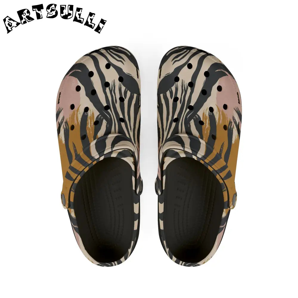 Eva Foam Zebra Print Clogs with Artistic Work in Pink Brown, Artsulli - Art is Long, Life is Short, Shoes, , , , , , , 