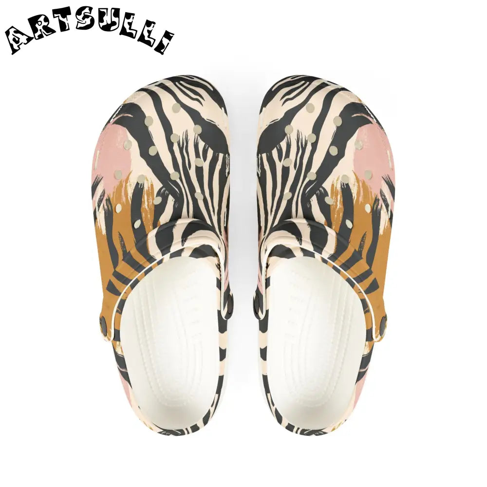 Eva Foam Zebra Print Clogs with Artistic Work in Pink Brown, Artsulli - Art is Long, Life is Short, Shoes, Size, US 6 (Women's), Color, White, , , 68803086665051