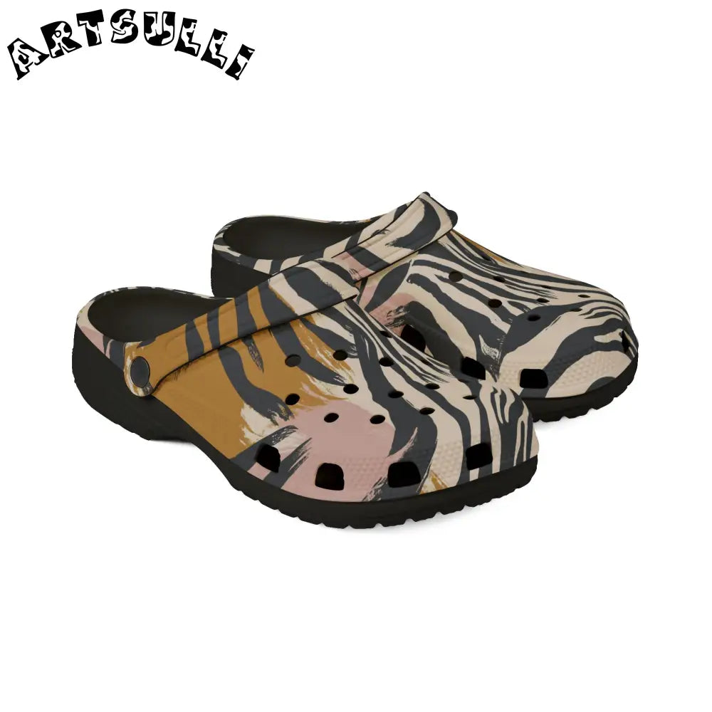 Eva Foam Zebra Print Clogs with Artistic Work in Pink Brown, Artsulli - Art is Long, Life is Short, Shoes, , , , , , , 