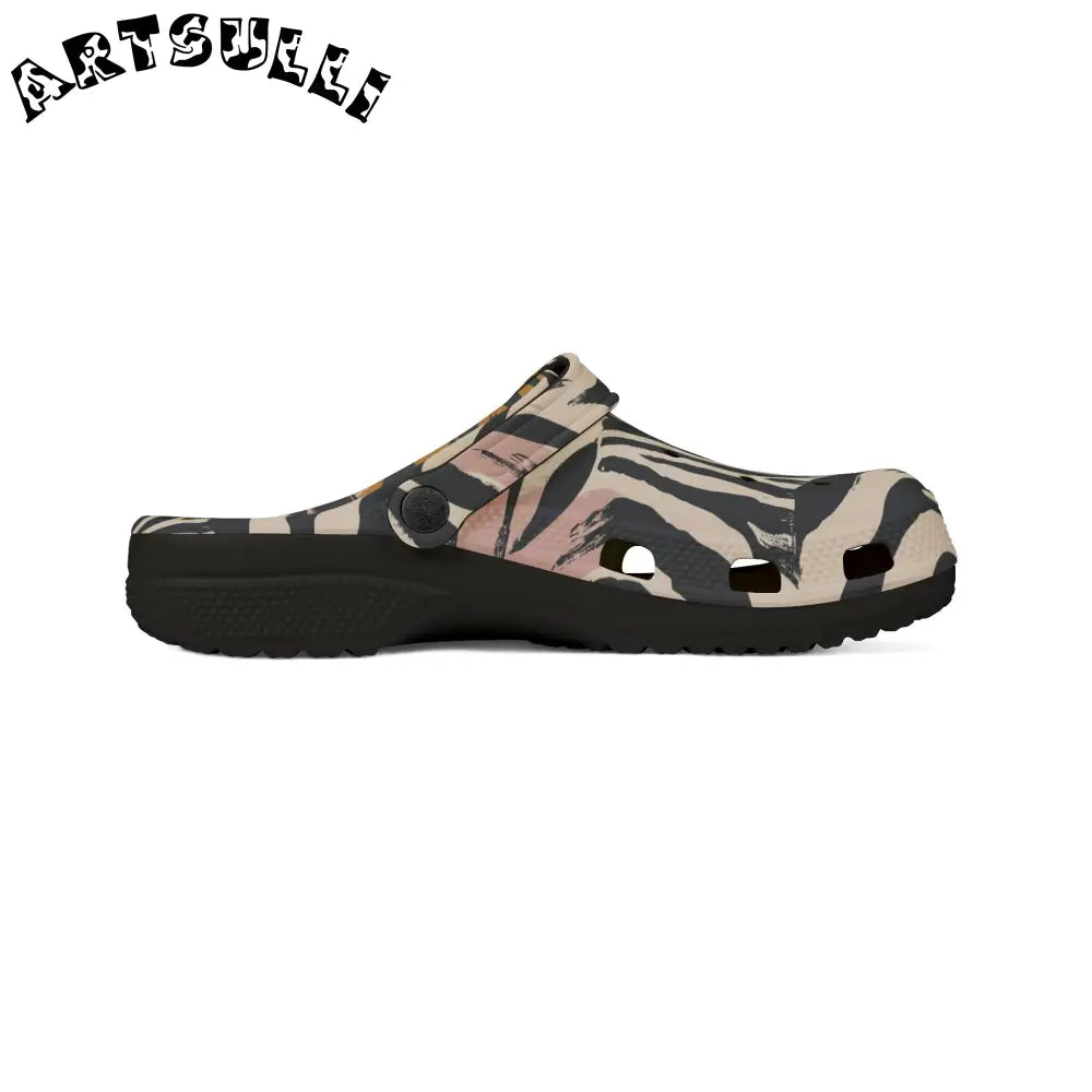 Eva Foam Zebra Print Clogs with Artistic Work in Pink Brown, Artsulli - Art is Long, Life is Short, Shoes, , , , , , , 