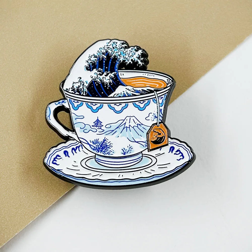 Great Wave Off Kanagawa Mount Fuji Tea Enamel Pin Storm In A Teacup Badge Art Jewelry Fans Lover Gift Collect