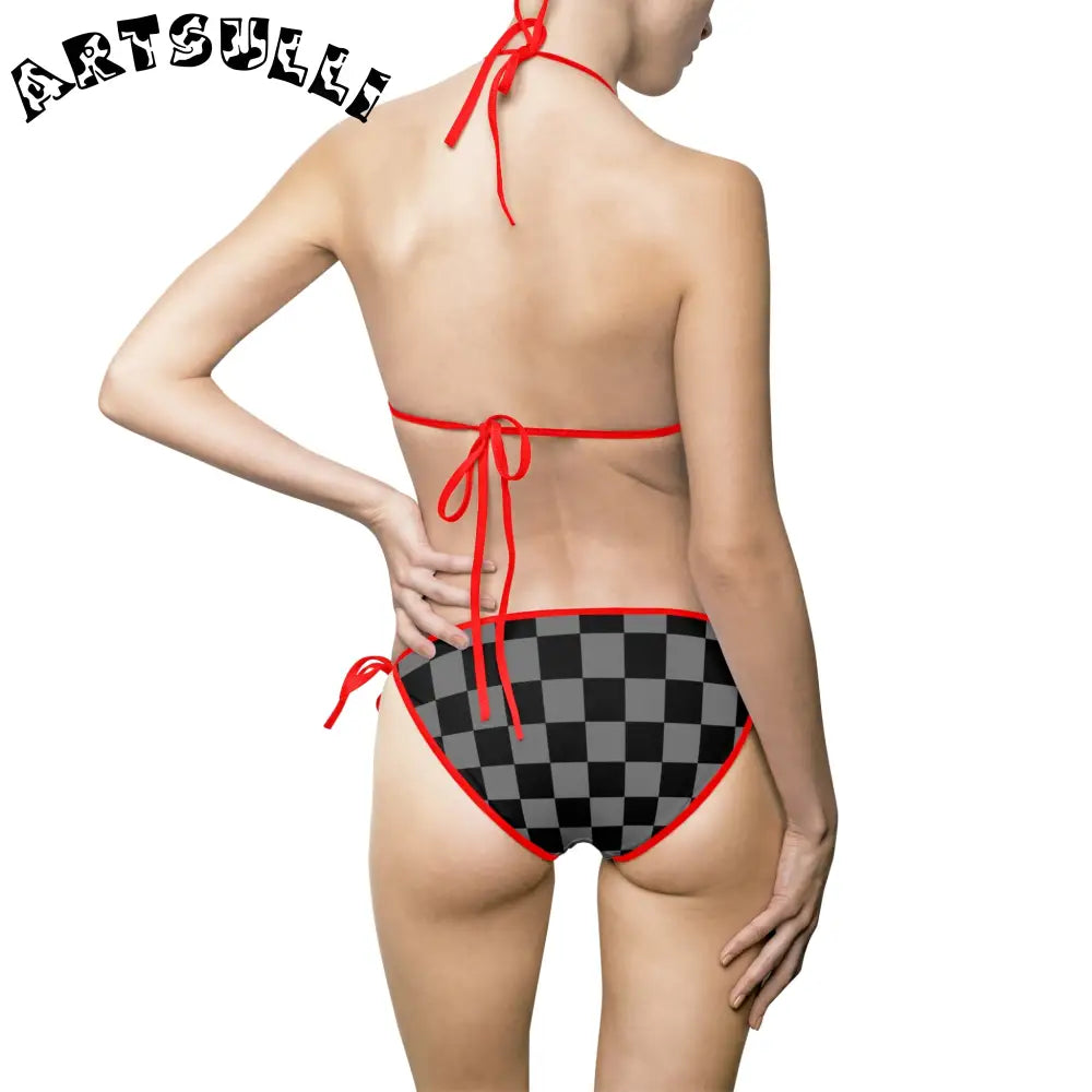 Fashionable Black and Grey Checkered Bikini Swimsuit, Artsulli - Art is Long, Life is Short, All Over Prints, , , , , , , 