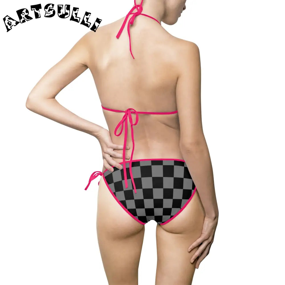 Fashionable Black and Grey Checkered Bikini Swimsuit, Artsulli - Art is Long, Life is Short, All Over Prints, , , , , , , 