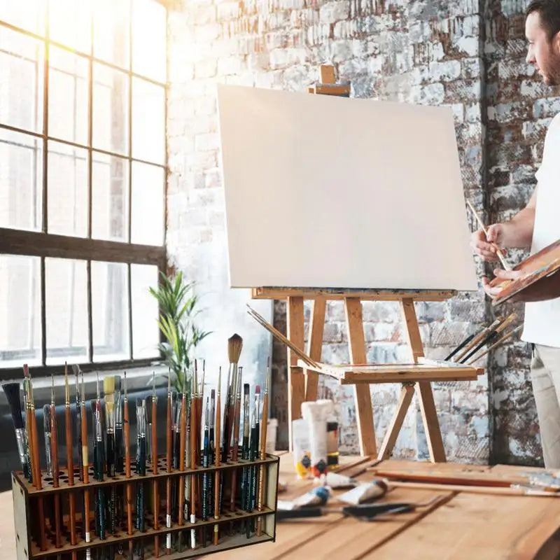 67Holes Paintbrush Holder Stand Wooden Paint Brush Stand Desk Organizer Wall Mounted Makeup Brush Shelf For Painting Supplies