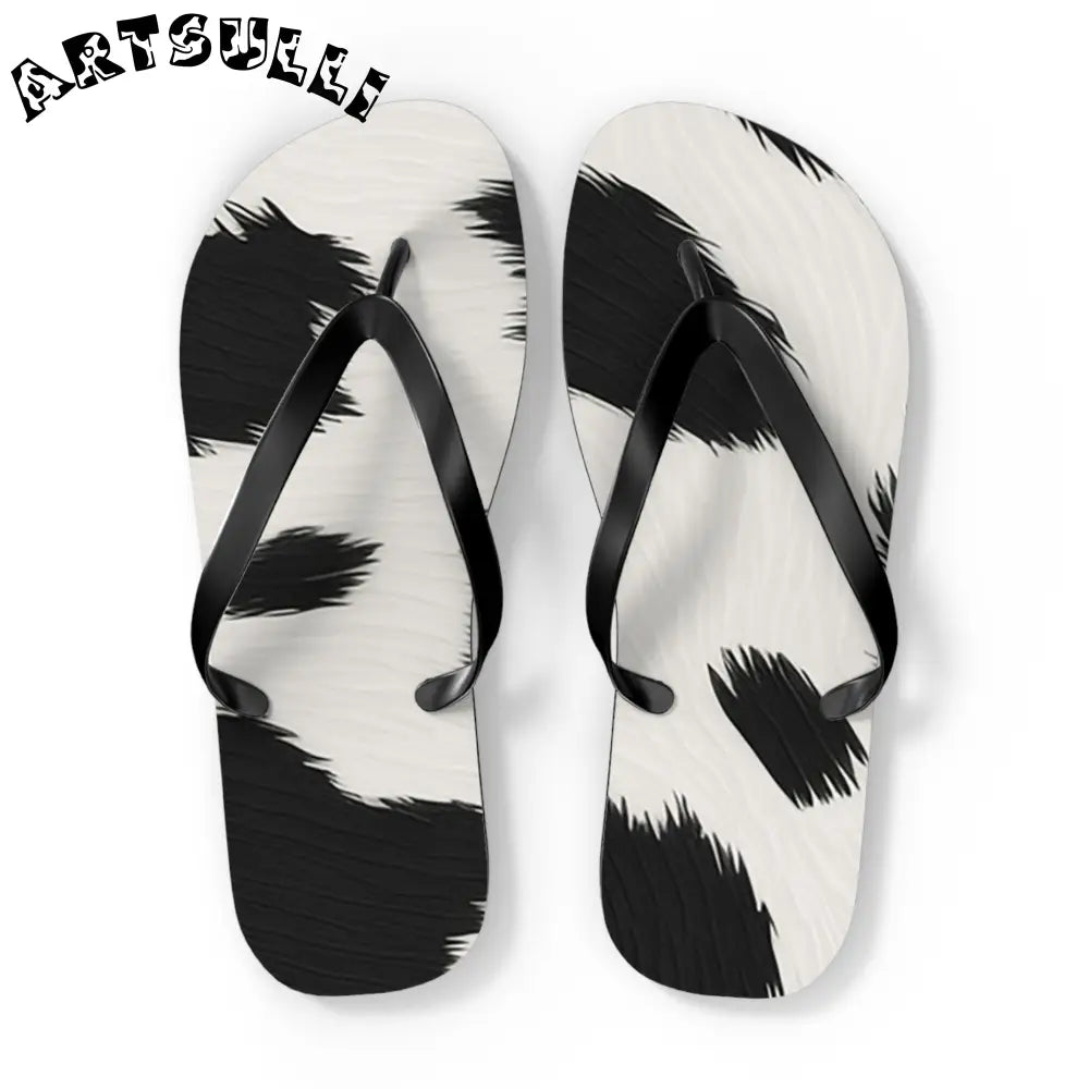 Black and White Cow Print Flip Flops, Artsulli - Art is Long, Life is Short, Shoes, Size, XL, Color, Black sole, , , 22552744620145345959