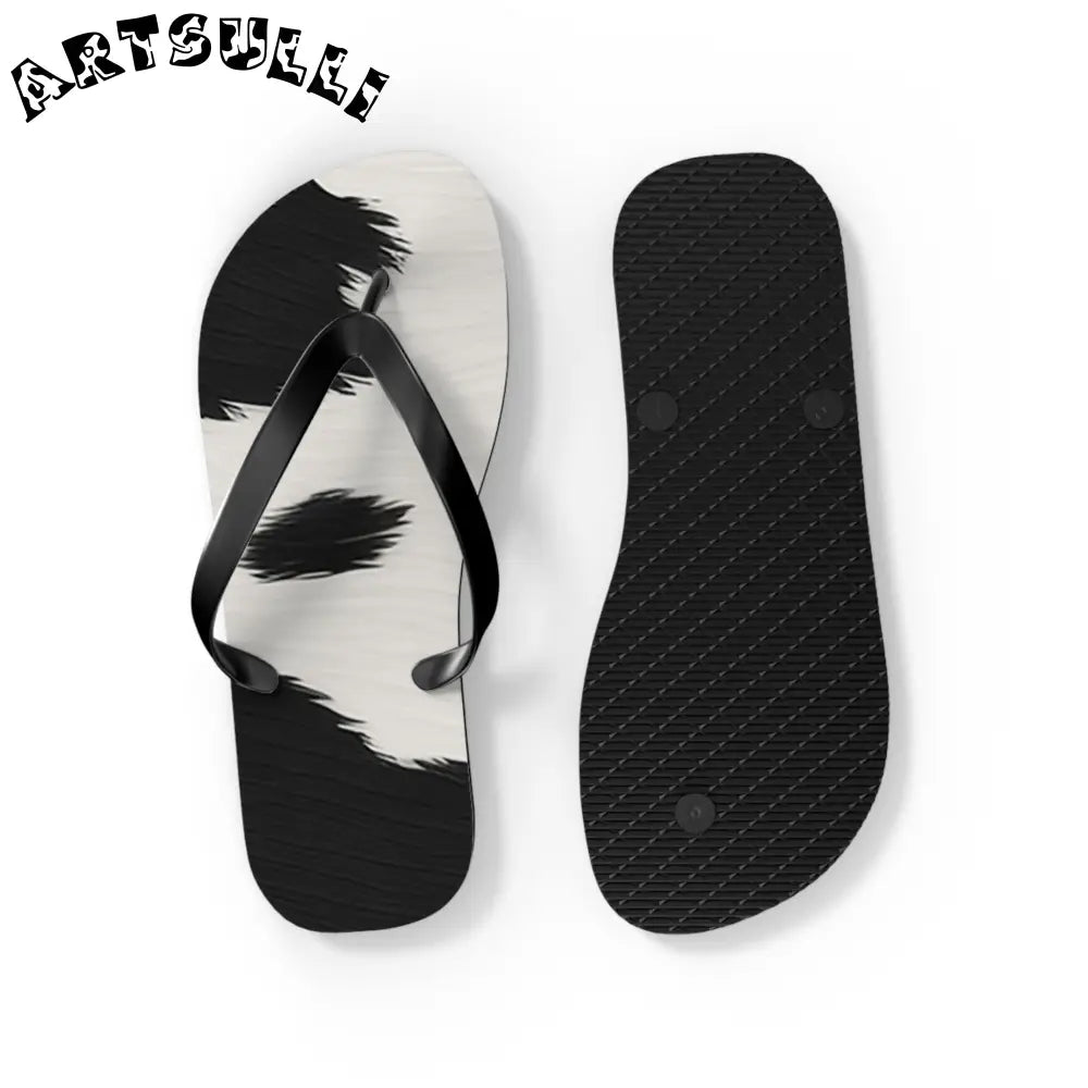 Black and White Cow Print Flip Flops, Artsulli - Art is Long, Life is Short, Shoes, , , , , , , 
