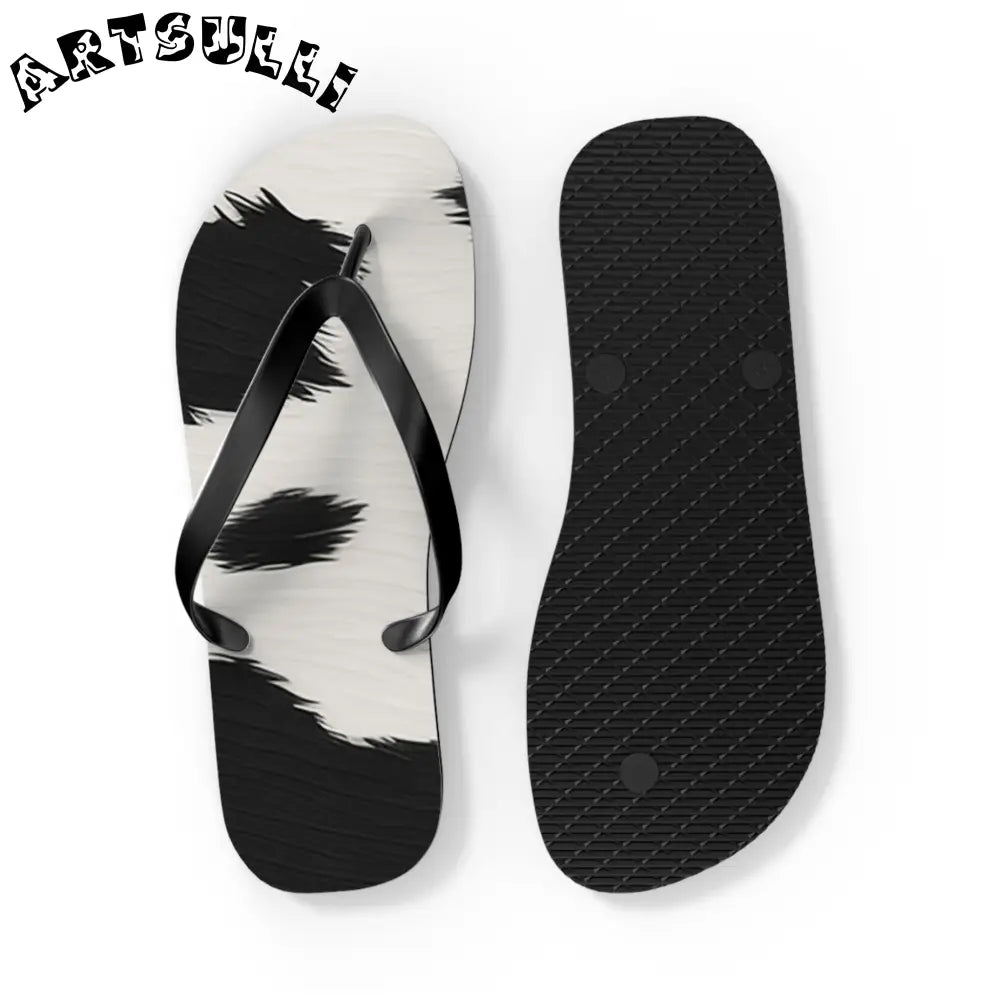 Black and White Cow Print Flip Flops, Artsulli - Art is Long, Life is Short, Shoes, , , , , , , 