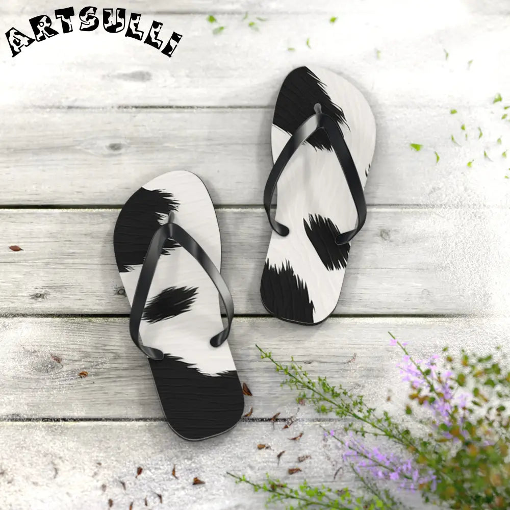 Black and White Cow Print Flip Flops, Artsulli - Art is Long, Life is Short, Shoes, , , , , , , 