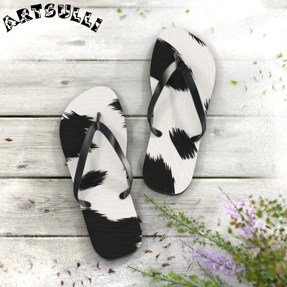 Black and White Cow Print Flip Flops, Artsulli - Art is Long, Life is Short, Shoes, , , , , , , 