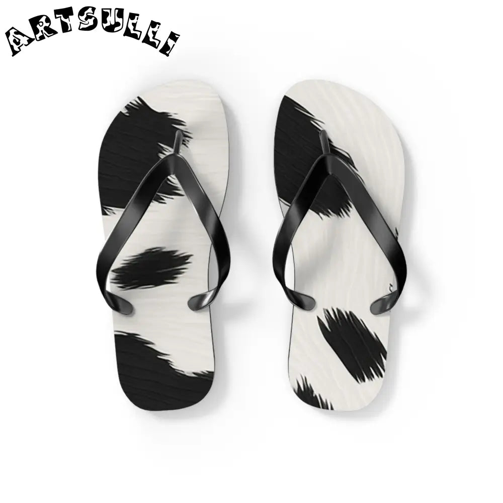 Black and White Cow Print Flip Flops, Artsulli - Art is Long, Life is Short, Shoes, Size, S, Color, Black sole, , , 18732207037559168702