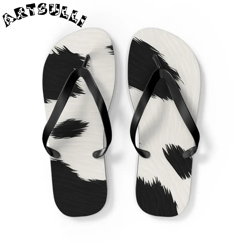 Black and White Cow Print Flip Flops, Artsulli - Art is Long, Life is Short, Shoes, Size, L, Color, Black sole, , , 58075183521077388883