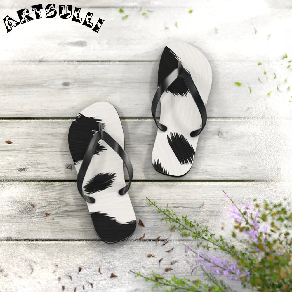Black and White Cow Print Flip Flops, Artsulli - Art is Long, Life is Short, Shoes, , , , , , , 