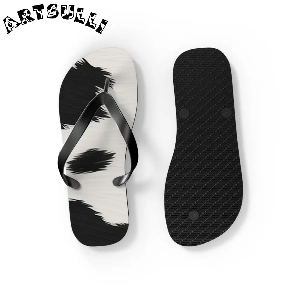 Black and White Cow Print Flip Flops, Artsulli - Art is Long, Life is Short, Shoes, , , , , , , 