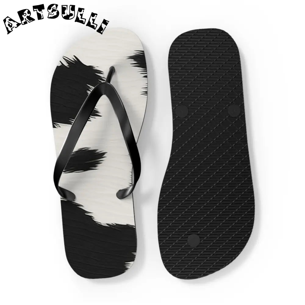 Black and White Cow Print Flip Flops, Artsulli - Art is Long, Life is Short, Shoes, , , , , , , 