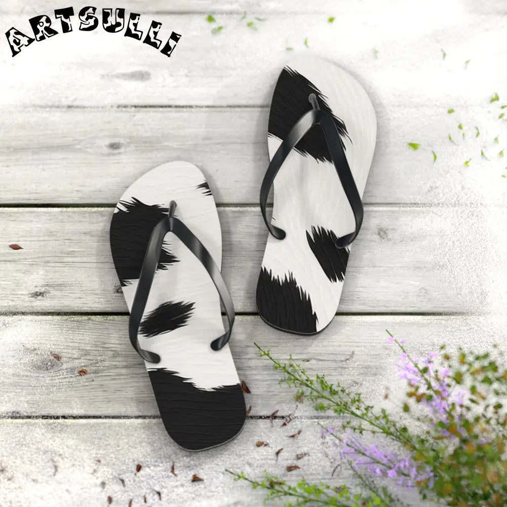 Black and White Cow Print Flip Flops, Artsulli - Art is Long, Life is Short, Shoes, , , , , , , 