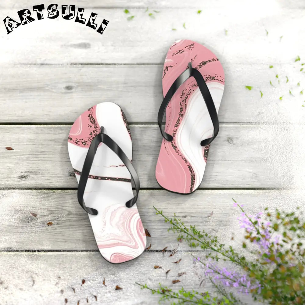 JAKKOUTTHEBXX Pink and White Marble Illustrated Flip Flops 2025