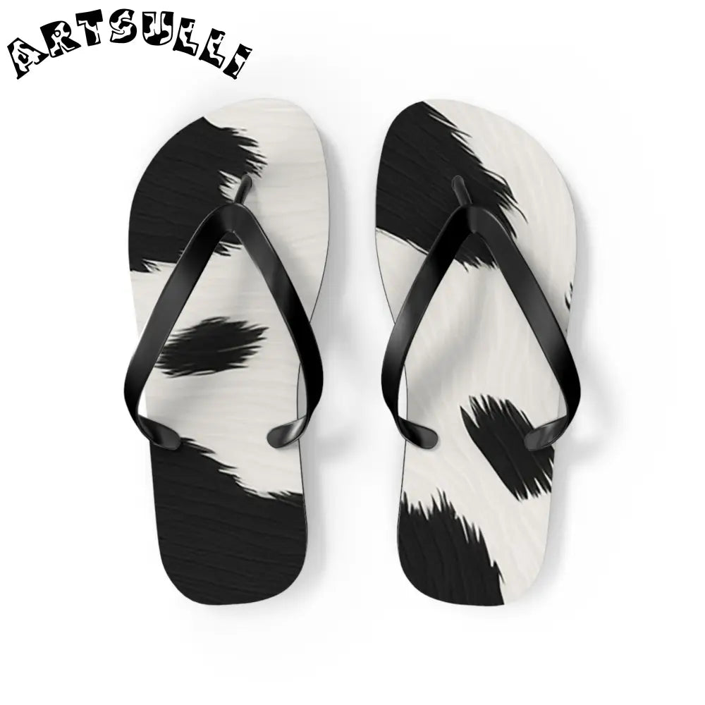 Black and White Cow Print Flip Flops, Artsulli - Art is Long, Life is Short, Shoes, Size, M, Color, Black sole, , , 18947123208340557137