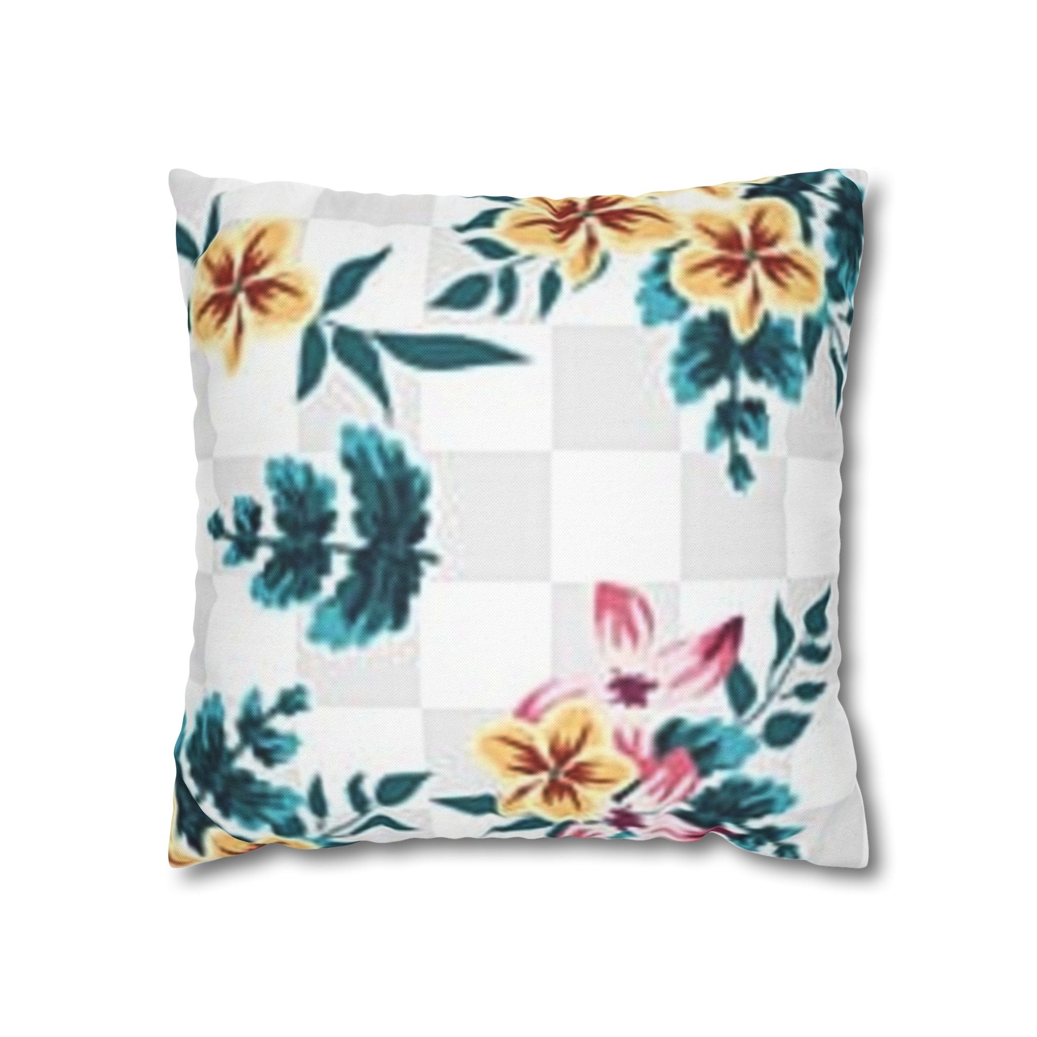 Floral and Checkered Throw Pillow, Artsulli - Art is Long, Life is Short, Home Decor, Size, 16" × 16", , , , , 15179103009302714993