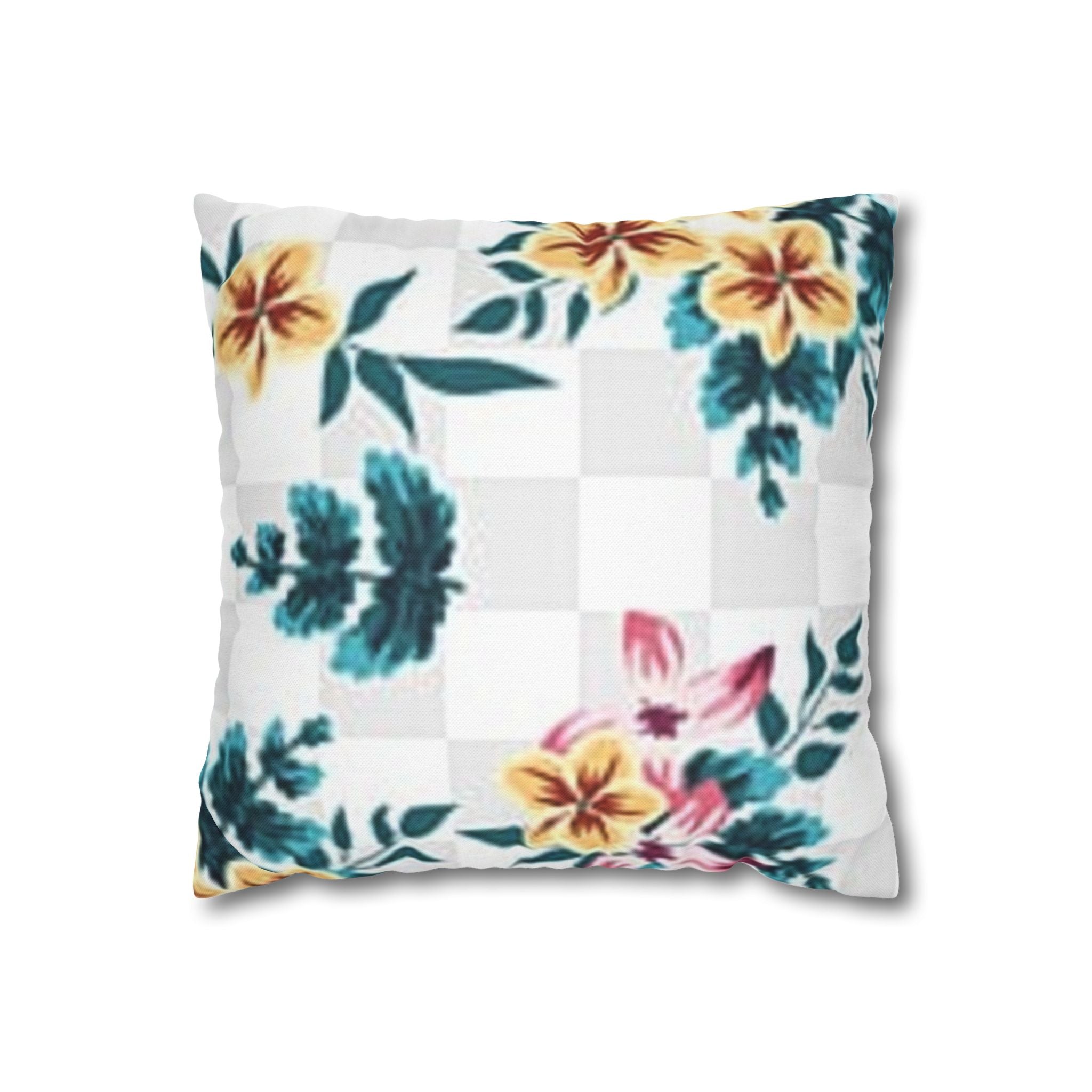 Floral and Checkered Throw Pillow, Artsulli - Art is Long, Life is Short, Home Decor, Size, 14" × 14", , , , , 18940093197432235213