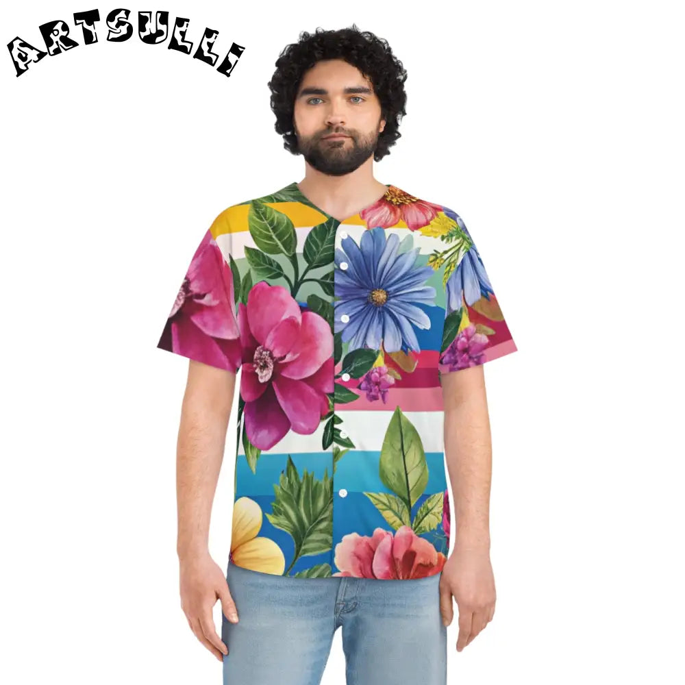 Floral and Striped Baseball Jersey, Artsulli - Art is Long, Life is Short, All Over Prints, , , , , , , 