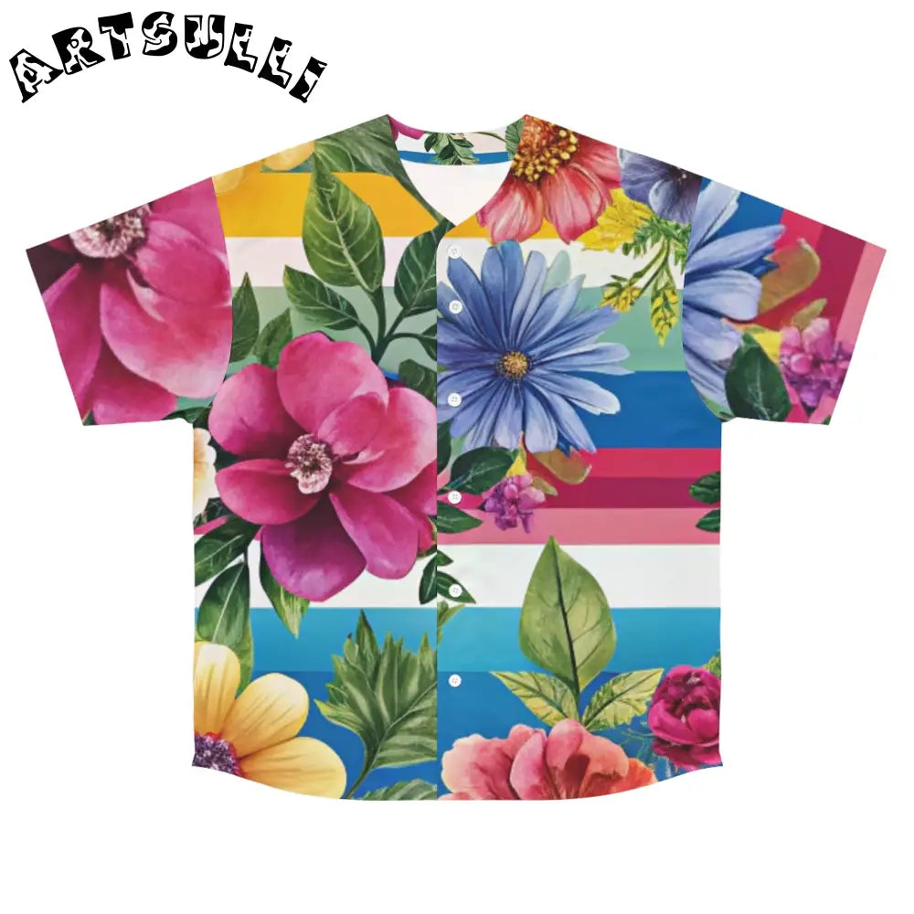 Floral and Striped Baseball Jersey, Artsulli - Art is Long, Life is Short, All Over Prints, Size, S, Color, Seam thread color automatically matched to design, , , 96481107040470199517