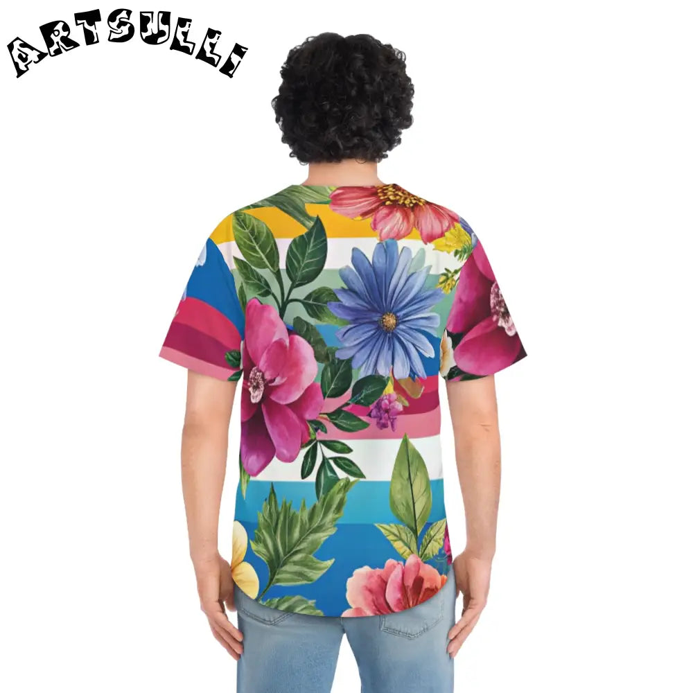 Floral and Striped Baseball Jersey, Artsulli - Art is Long, Life is Short, All Over Prints, , , , , , , 