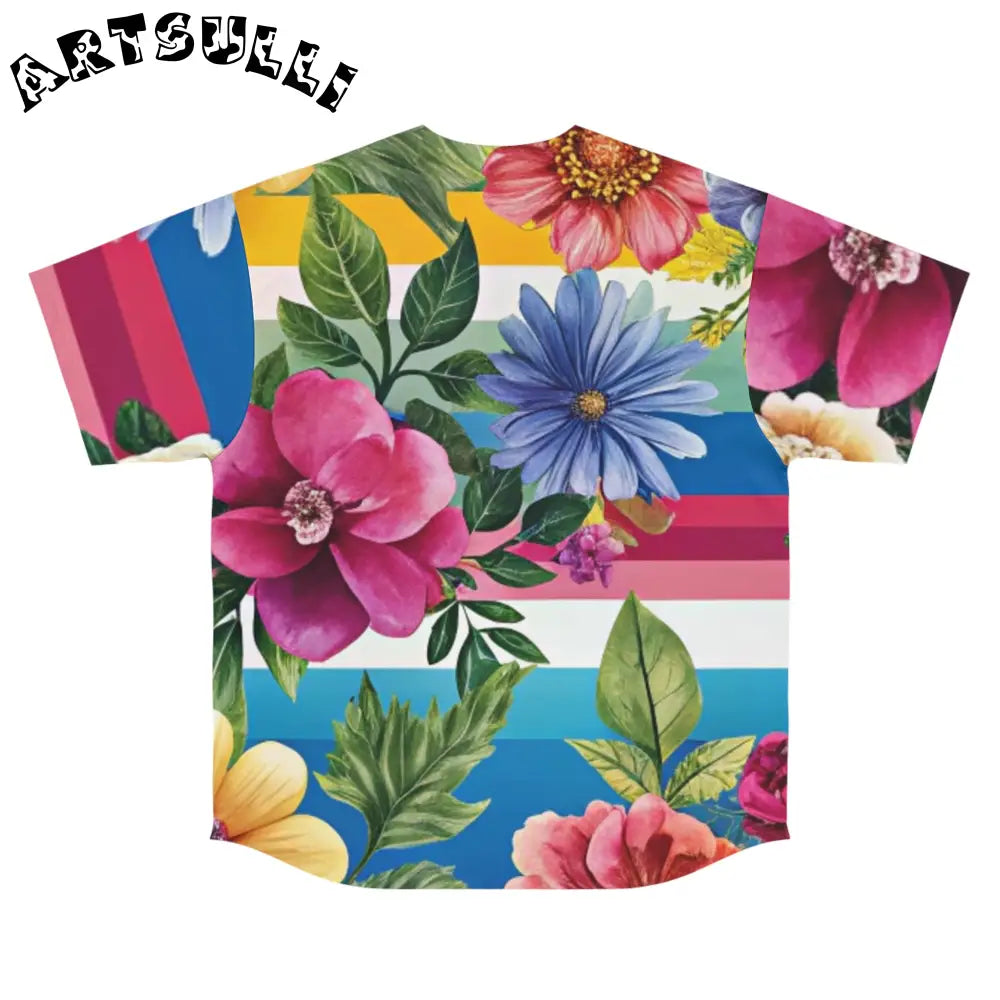 Floral and Striped Baseball Jersey, Artsulli - Art is Long, Life is Short, All Over Prints, , , , , , , 